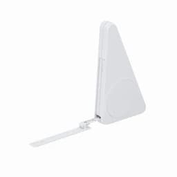 A measuring tool in white, featuring a triangular shape and a retractable measuring tape.