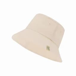 A cream bucket hat with a wide brim and a small logo on the side. The fabric appears soft and lightweight.