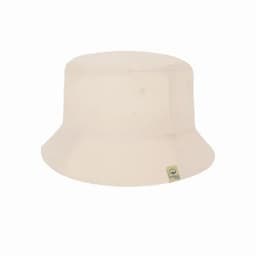 A cream-coloured bucket hat with a wide brim and a small woven label on the side.