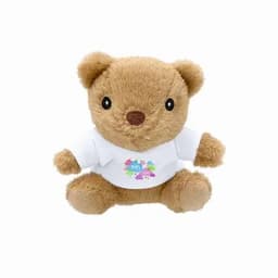 A plush teddy bear with a brown fur texture, wearing a white shirt featuring colourful designs.