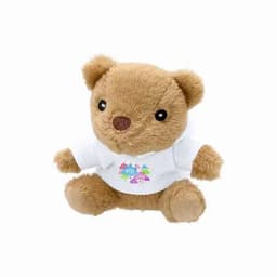 A soft, brown teddy bear wearing a white shirt, featuring a simple logo on the front.