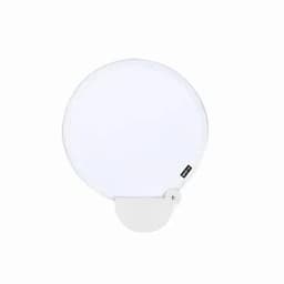 A round white drink bottle with a flip-top lid and a small branding tag.