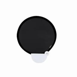 A round black promotional item with a white clip for securing. It features a small logo.