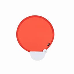 A round red drink bottle with a white lid and a logo.
