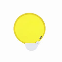 A yellow promotional product with a white base, featuring a circular design and a logo.