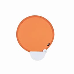 An orange round drink bottle with a white cap and a logo feature.