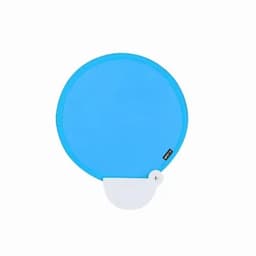 A blue round promotional product with a white bottom section and a logo.