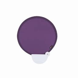 A round purple promotional product with a white attachment, featuring a logo.