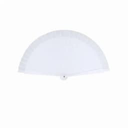 A white folding fan with a decorative edge and a circular base for easy opening and closing.