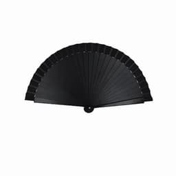 A black folding fan with multiple pleats, featuring a rounded base for easy handling.