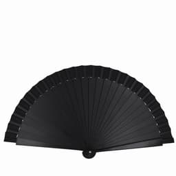 A black hand fan with several pleats, showcasing a sleek and elegant design.