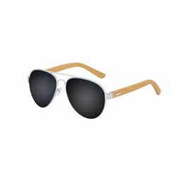 A pair of aviator sunglasses with silver frames and bamboo arms, featuring dark lenses.