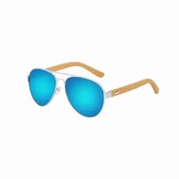 A pair of sunglasses with blue mirrored lenses and wooden arms, featuring a silver frame.