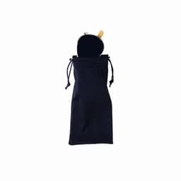 A drink bottle with a silver cap and a black pouch, featuring a drawstring closure. The pouch is navy blue.