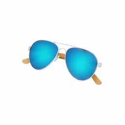 A pair of aviator sunglasses with mirrored blue lenses and light brown arms, featuring a silver frame.