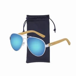 A pair of aviator sunglasses with blue mirrored lenses and wooden temple arms, accompanied by a dark pouch.