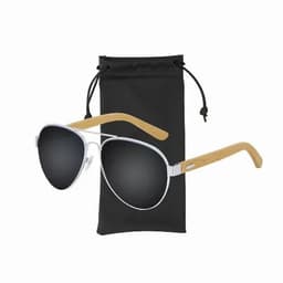 A pair of sunglasses with silver frames and bamboo arms, accompanied by a black drawstring pouch.