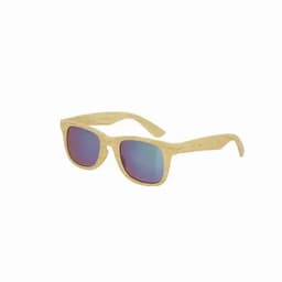 A pair of sunglasses with a light wood-like frame and mirrored blue lenses. It features a logo on the side.