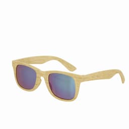 A pair of sunglasses with a natural wood finish and mirrored blue lenses. The product features a logo on the side.