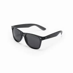 A pair of black sunglasses with dark lenses and a simple design. The frame features a logo on one arm.