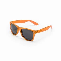 A pair of orange sunglasses with dark lenses and a classic shape, featuring a logo on the side.