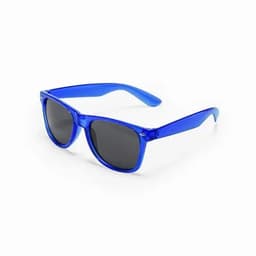 A pair of blue sunglasses with dark lenses and a classic shape, featuring a branding logo on the side.