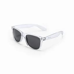 A pair of clear sunglasses with dark lenses and transparent frames. The sunglasses feature a logo on the side.