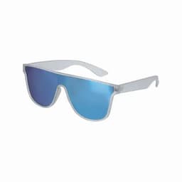Sunglasses with a transparent frame and blue mirrored lenses. Features a modern, oversized design.