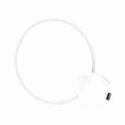 A drink bottle in white with a circular design and a small attached lid, featuring a logo.