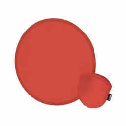 A round red placemat with a matching smaller red cup holder, both featuring a logo.