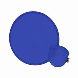 A blue silicone lid and mat set, featuring a round lid and a smaller matching cover, with a logo on the mat.