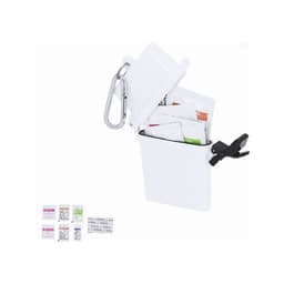 A storage container in white with a hinged lid, clip, and a carabiner, filled with assorted packets.