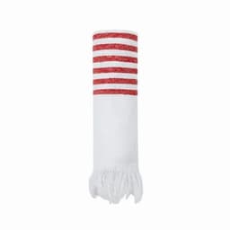 A red and white striped towel featuring fringed edges, rolled up neatly.