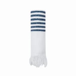 A drink bottle featuring a white body with blue stripes at the top and a fringed bottom. It has a logo.