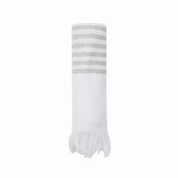 A white towel with grey stripes and fringed edges, featuring a simple design and a soft texture.