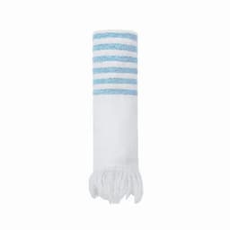 A white towel with blue and white striped design at one end and fringed edges. It features a simple, elegant style.