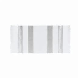 A white bath towel with grey stripes and fringed edges, featuring a simple and elegant design.