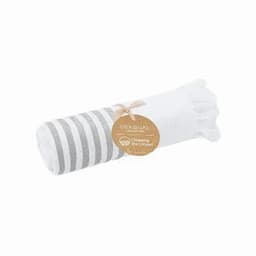 A rolled towel featuring white and grey stripes, tied with a natural twine, with a tag attached.