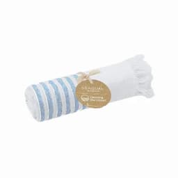 A rolled towel featuring white and blue stripes, with a tag attached. The towel has fringe details at one end.