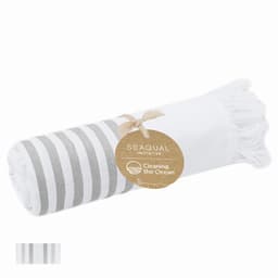 A rolled towel with grey and white stripes, featuring a tag for the SEAQUL initiative and ocean cleaning.