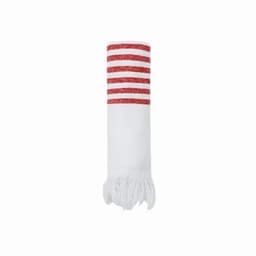 A white towel with red striped accents and fringed ends.