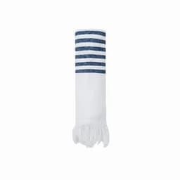 A towel featuring a white base with blue striped patterns and fringed edges. It is neatly rolled up.
