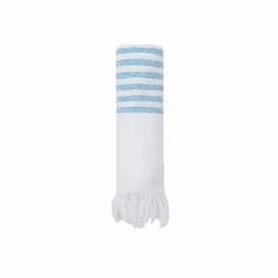 A white bath towel with blue stripes, featuring fringed edges. The design is simple and classic.