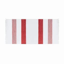 A kitchen towel featuring a white base with red striped patterns and frayed edges.