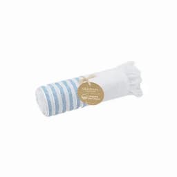 A rolled hand towel featuring blue stripes and white fabric, tied with a natural coloured tag.