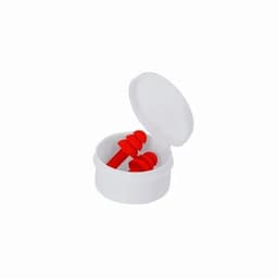A white case containing red ear plugs, with the lid open. The ear plugs are coiled for a snug fit.
