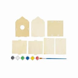 A craft kit containing wooden pieces for assembly, with a paint palette and brush in various colours.