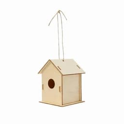 A wooden birdhouse with a plain design, featuring a circular entrance and a hanging cord.