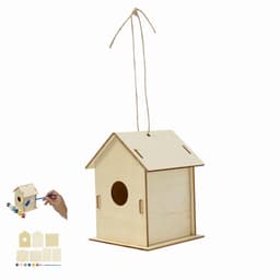 A wooden birdhouse kit featuring a hanging design, with a plain finish for painting and personalisation.