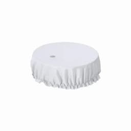 A round white tablecloth with a ruffled edge and a centre hole. It features a smooth texture and a simple design.